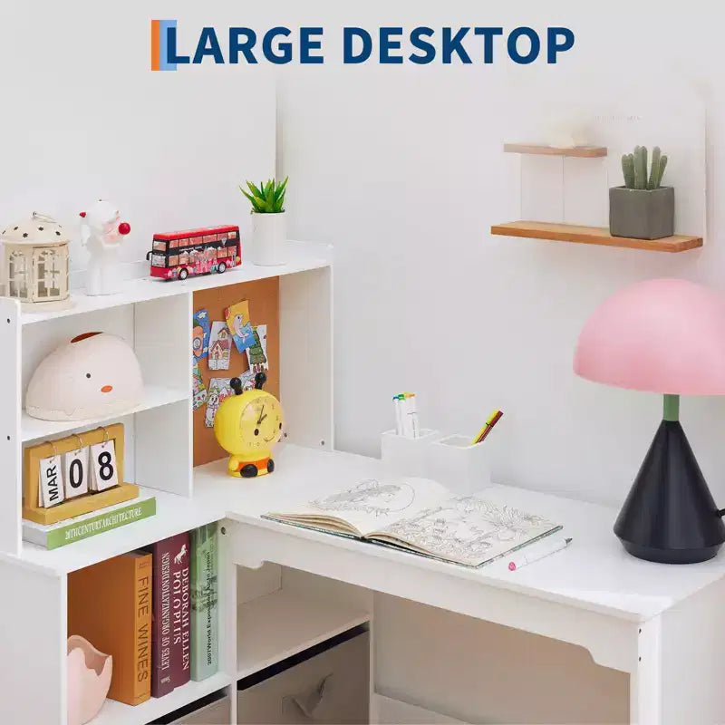 Bureau d'angle pour enfants, ensemble bureau et chaise pour enfants, table d'étude en L pour enfants - Caractéristiques tableau d'affichage étagères ouvertes et armoires de rangement