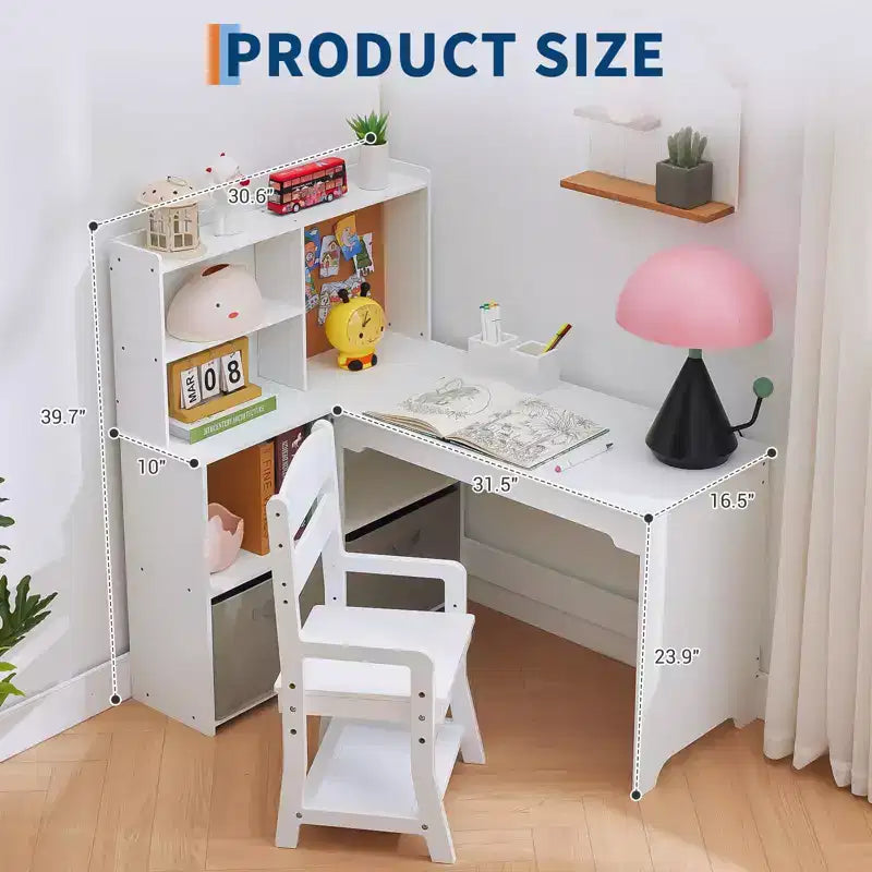 Bureau d'angle pour enfants, ensemble bureau et chaise pour enfants, table d'étude en L pour enfants - Caractéristiques tableau d'affichage étagères ouvertes et armoires de rangement