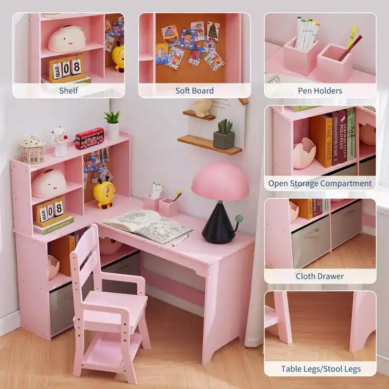 Bureau d'angle pour enfants, ensemble bureau et chaise pour enfants, table d'étude en L pour enfants - Caractéristiques tableau d'affichage étagères ouvertes et armoires de rangement