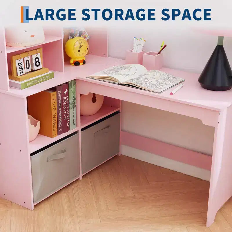 Bureau d'angle pour enfants, ensemble bureau et chaise pour enfants, table d'étude en L pour enfants - Caractéristiques tableau d'affichage étagères ouvertes et armoires de rangement