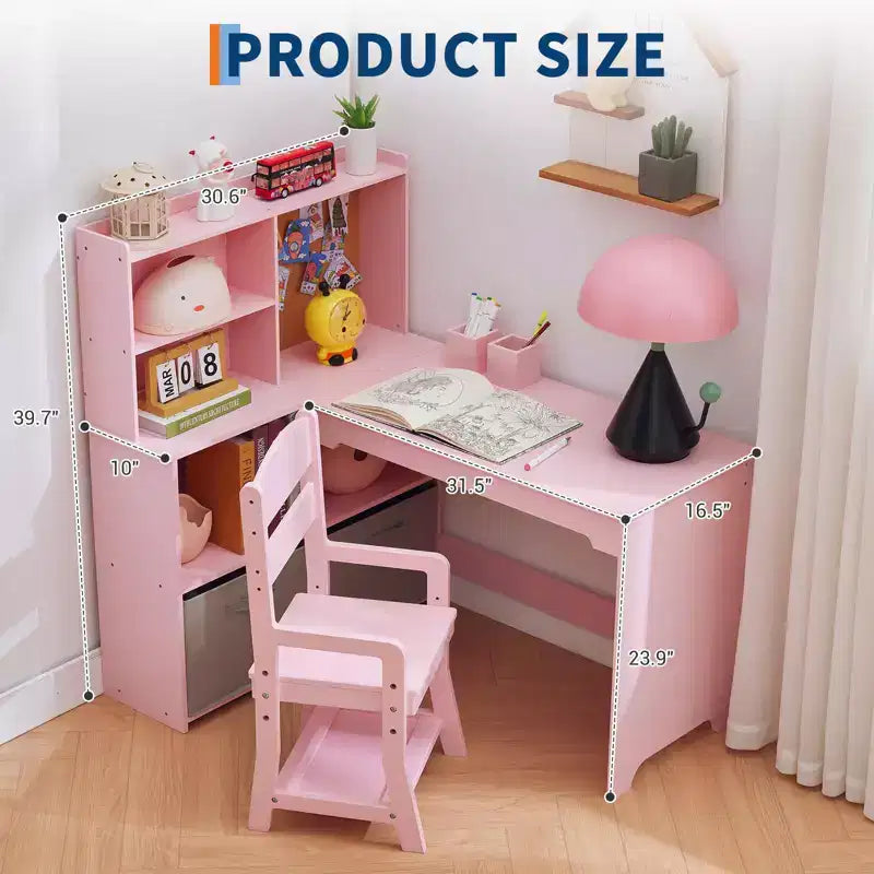Bureau d'angle pour enfants, ensemble bureau et chaise pour enfants, table d'étude en L pour enfants - Caractéristiques tableau d'affichage étagères ouvertes et armoires de rangement