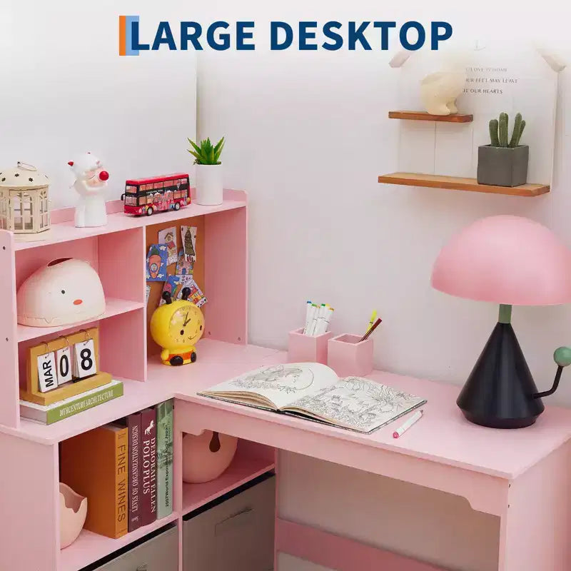 Bureau d'angle pour enfants, ensemble bureau et chaise pour enfants, table d'étude en L pour enfants - Caractéristiques tableau d'affichage étagères ouvertes et armoires de rangement