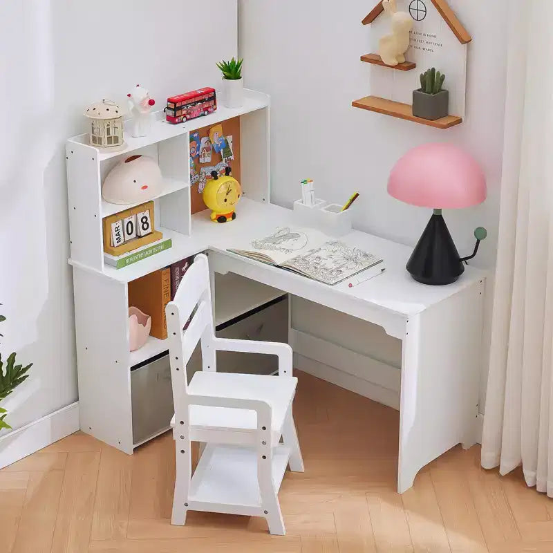Bureau d'angle pour enfants, ensemble bureau et chaise pour enfants, table d'étude en L pour enfants - Caractéristiques tableau d'affichage étagères ouvertes et armoires de rangement