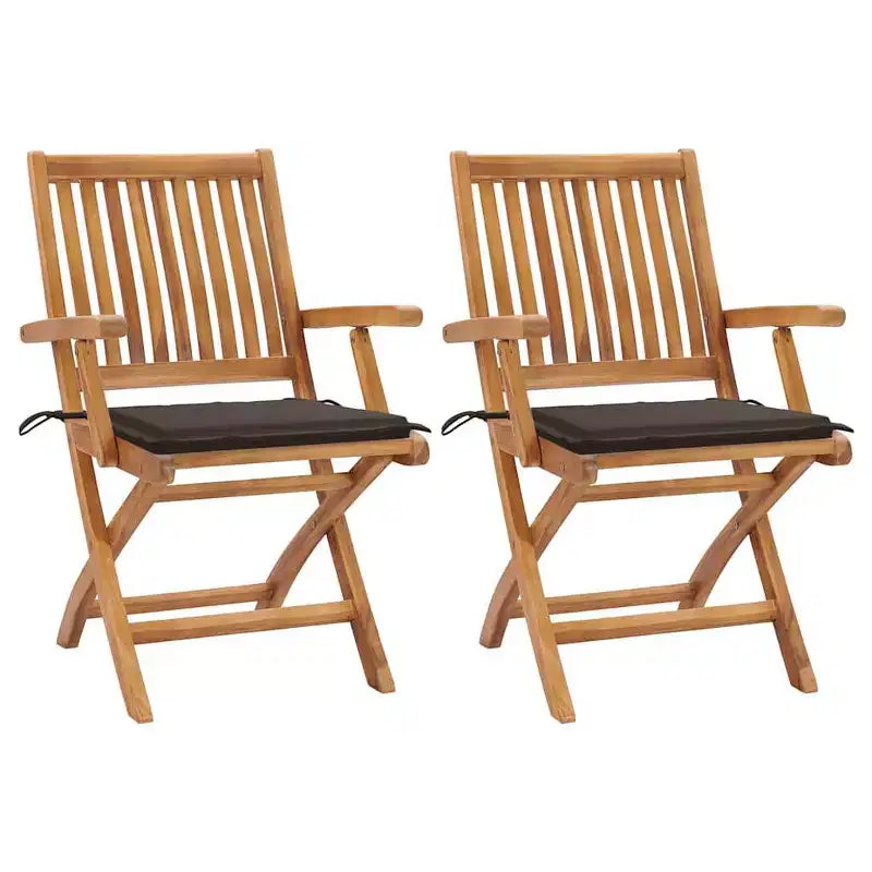 vidaXL Chaises de Patio en Bois de Teck Massif avec Coussins Taupe Confortables - Lot de 2 - Chaises de Jardin Pliables et Résistantes aux Intempéries pour Intérieur/Extérieur