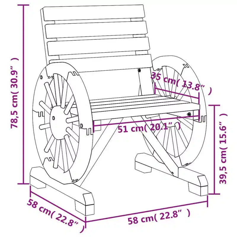 vidaXL Lot de 4 chaises de jardin - Bois de sapin massif, assise résistante aux intempéries avec accoudoirs en forme de roue de chariot pour jardin/terrasse, style ferme marron