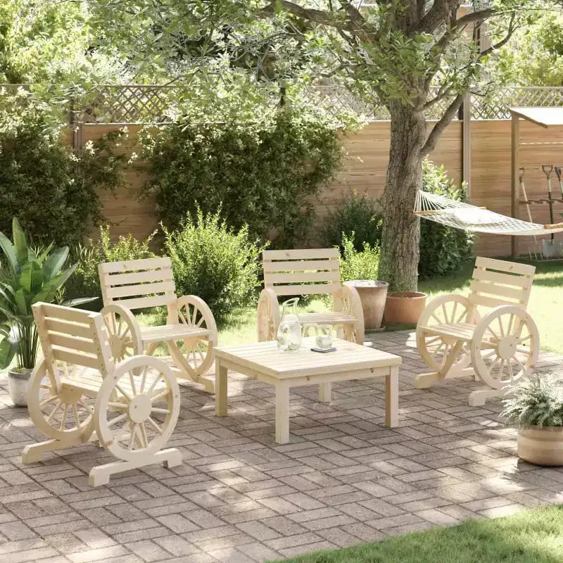 vidaXL Lot de 4 chaises de jardin - Bois de sapin massif, assise résistante aux intempéries avec accoudoirs en forme de roue de chariot pour jardin/terrasse, style ferme marron