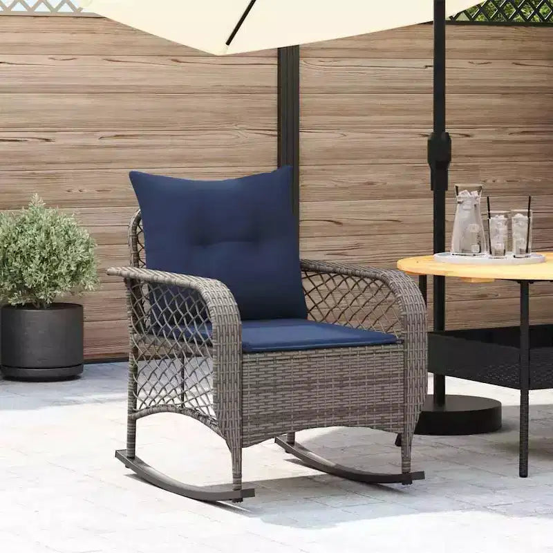 vidaXL Chaise à bascule de jardin avec coussins, Résine tressée Gris - Gris et Bleu