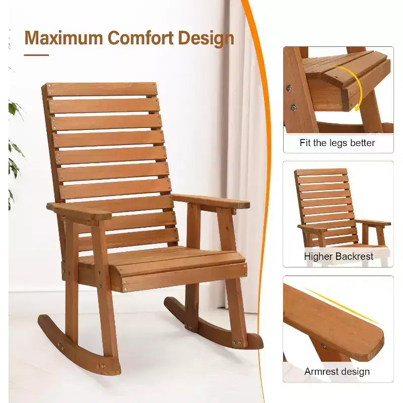 VINGLI Fauteuil à bascule en bois avec dossier haut, en sapin massif, supporte 272 kg, pour intérieur et extérieur