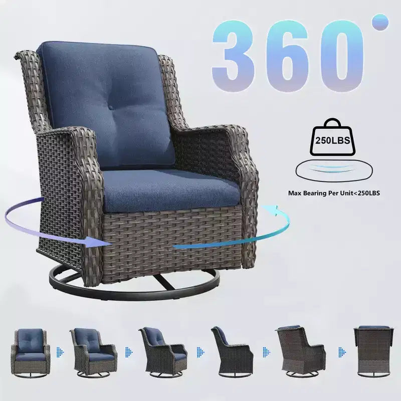 Fauteuils pivotants de jardin Bestier en osier avec coussin rembourré, fauteuil à bascule extérieur en rotin PE avec dossier ergonomique haut pour le jardin, la véranda, le patio