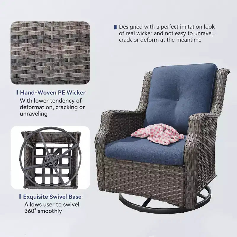Fauteuils pivotants de jardin Bestier en osier avec coussin rembourré, fauteuil à bascule extérieur en rotin PE avec dossier ergonomique haut pour le jardin, la véranda, le patio