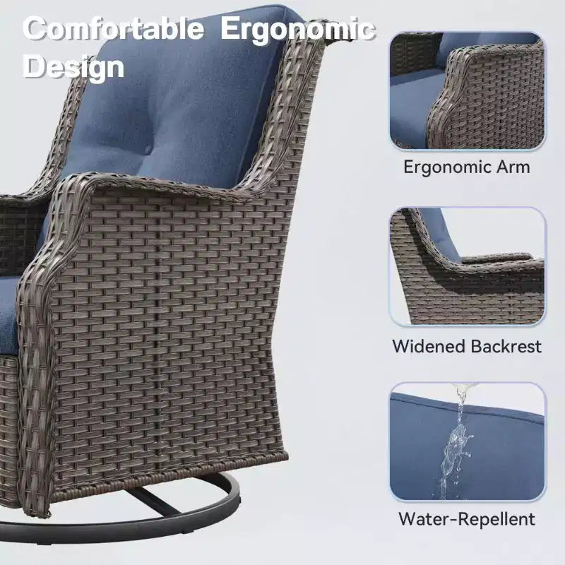 Fauteuils pivotants de jardin Bestier en osier avec coussin rembourré, fauteuil à bascule extérieur en rotin PE avec dossier ergonomique haut pour le jardin, la véranda, le patio