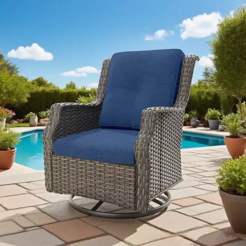 Fauteuils pivotants de jardin Bestier en osier avec coussin rembourré, fauteuil à bascule extérieur en rotin PE avec dossier ergonomique haut pour le jardin, la véranda, le patio