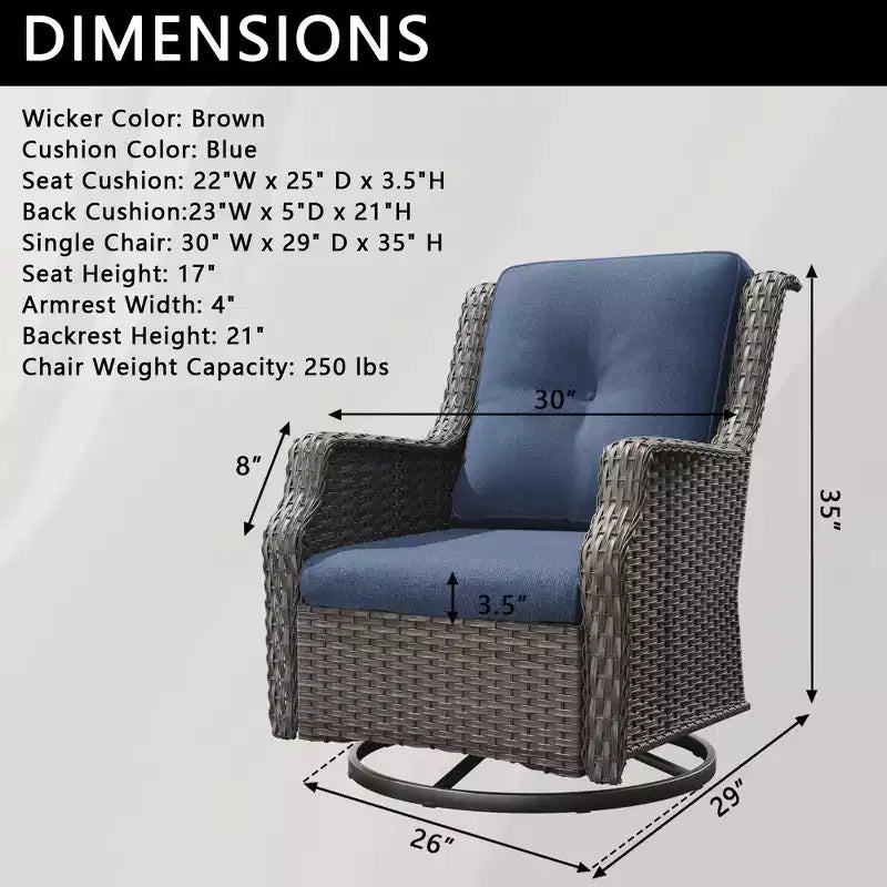 Fauteuils pivotants de jardin Bestier en osier avec coussin rembourré, fauteuil à bascule extérieur en rotin PE avec dossier ergonomique haut pour le jardin, la véranda, le patio