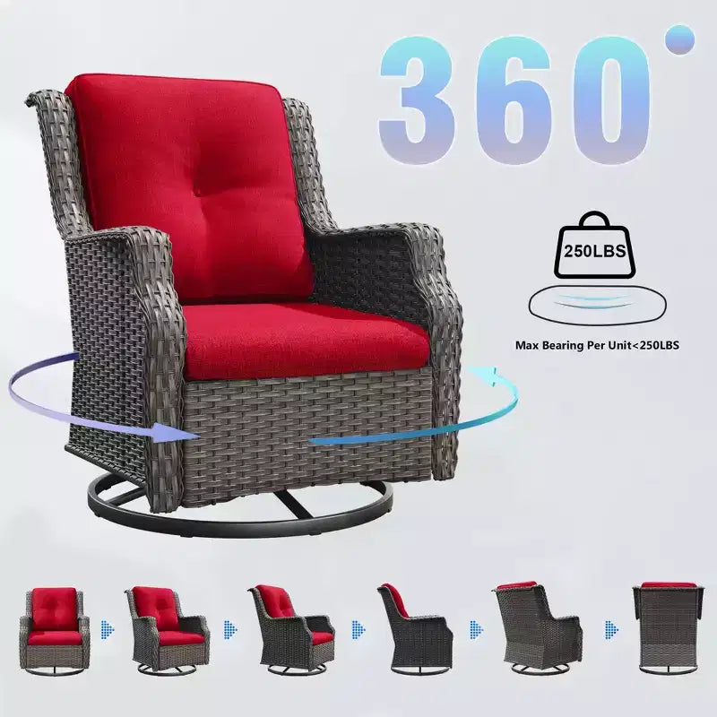 Fauteuils pivotants de jardin Bestier en osier avec coussin rembourré, fauteuil à bascule extérieur en rotin PE avec dossier ergonomique haut pour le jardin, la véranda, le patio