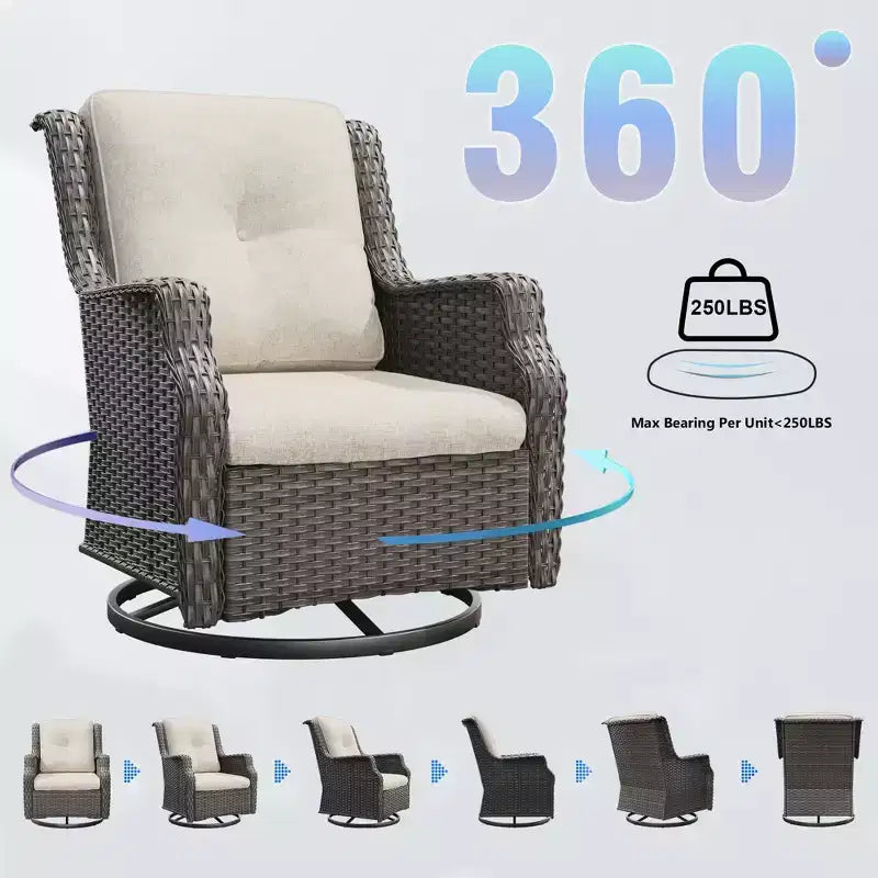 Fauteuils pivotants de jardin Bestier en osier avec coussin rembourré, fauteuil à bascule extérieur en rotin PE avec dossier ergonomique haut pour le jardin, la véranda, le patio
