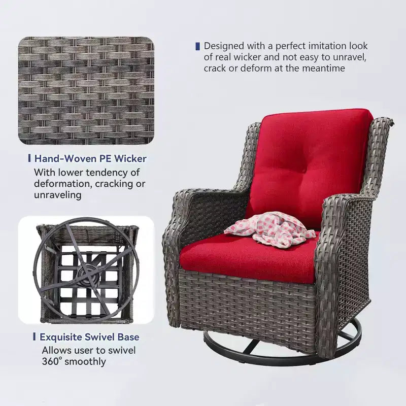 Fauteuils pivotants de jardin Bestier en osier avec coussin rembourré, fauteuil à bascule extérieur en rotin PE avec dossier ergonomique haut pour le jardin, la véranda, le patio