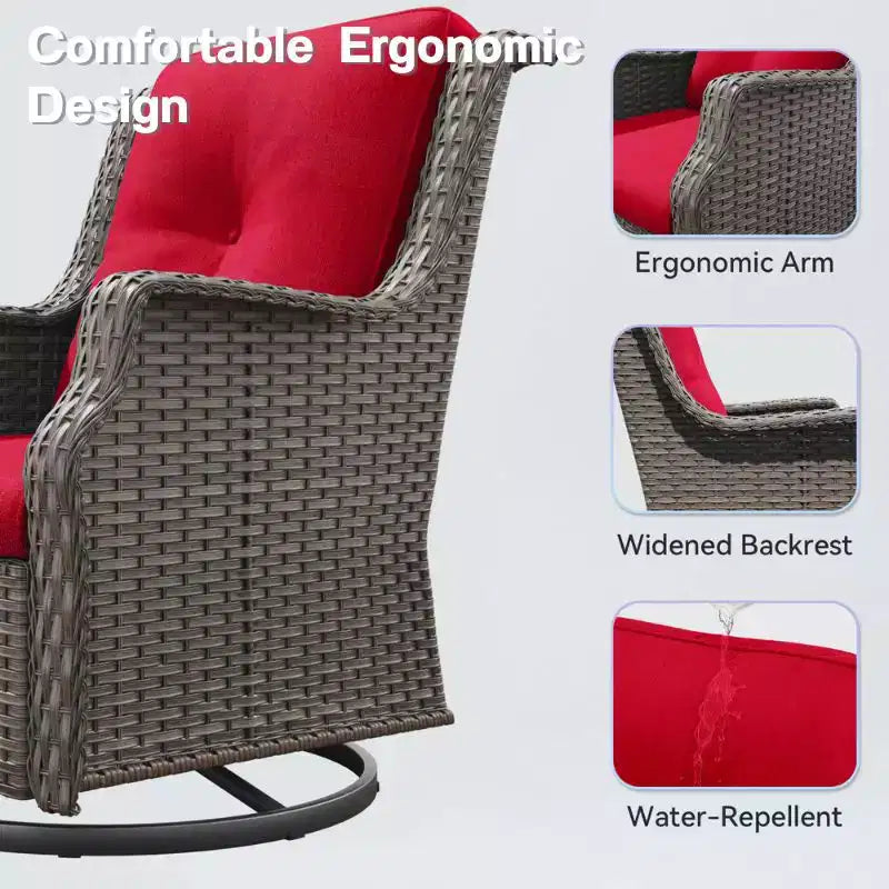 Fauteuils pivotants de jardin Bestier en osier avec coussin rembourré, fauteuil à bascule extérieur en rotin PE avec dossier ergonomique haut pour le jardin, la véranda, le patio
