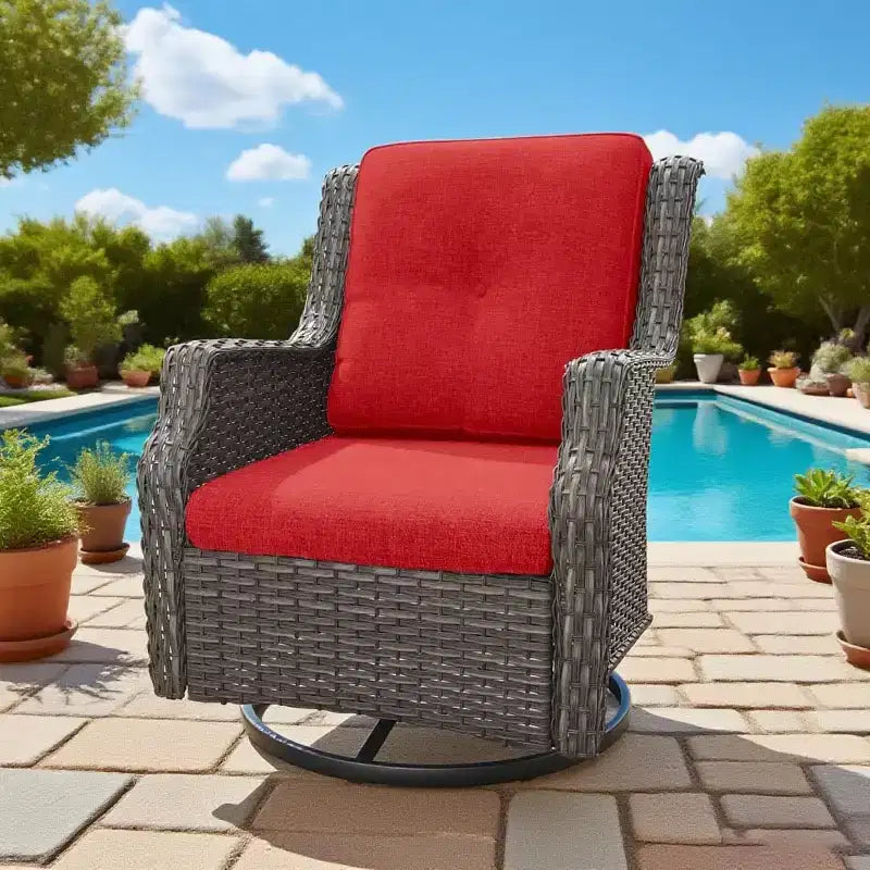 Fauteuils pivotants de jardin Bestier en osier avec coussin rembourré, fauteuil à bascule extérieur en rotin PE avec dossier ergonomique haut pour le jardin, la véranda, le patio