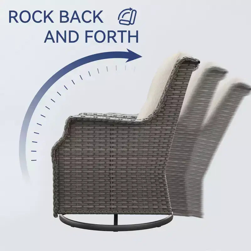 Fauteuils pivotants de jardin Bestier en osier avec coussin rembourré, fauteuil à bascule extérieur en rotin PE avec dossier ergonomique haut pour le jardin, la véranda, le patio