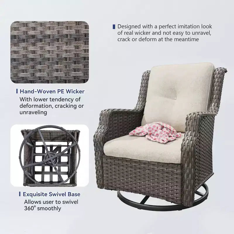 Fauteuils pivotants de jardin Bestier en osier avec coussin rembourré, fauteuil à bascule extérieur en rotin PE avec dossier ergonomique haut pour le jardin, la véranda, le patio