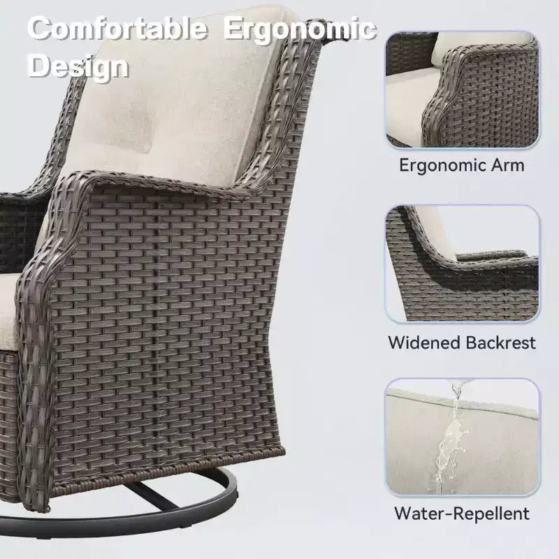 Fauteuils pivotants de jardin Bestier en osier avec coussin rembourré, fauteuil à bascule extérieur en rotin PE avec dossier ergonomique haut pour le jardin, la véranda, le patio