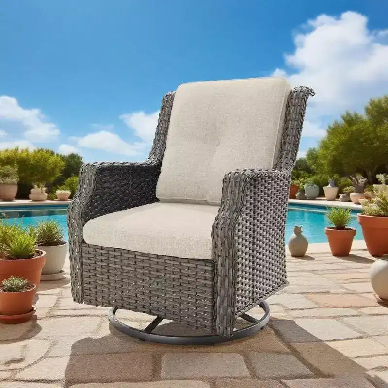 Fauteuils pivotants de jardin Bestier en osier avec coussin rembourré, fauteuil à bascule extérieur en rotin PE avec dossier ergonomique haut pour le jardin, la véranda, le patio