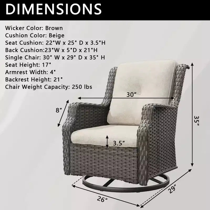 Fauteuils pivotants de jardin Bestier en osier avec coussin rembourré, fauteuil à bascule extérieur en rotin PE avec dossier ergonomique haut pour le jardin, la véranda, le patio