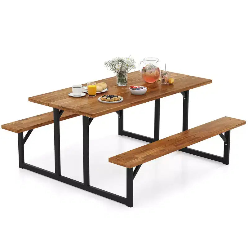 Table de pique-nique Costway 6 places en bois d'acacia avec 2 bancs intégrés, trou pour parasol et structure en métal
