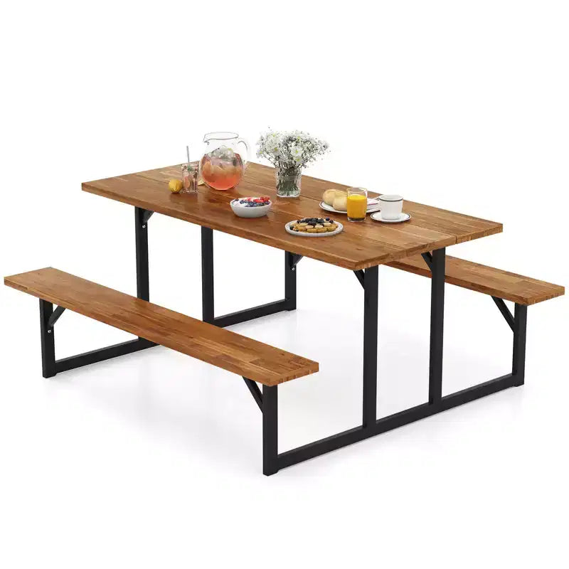 Table de pique-nique Costway 6 places en bois d'acacia avec 2 bancs intégrés, trou pour parasol et structure en métal