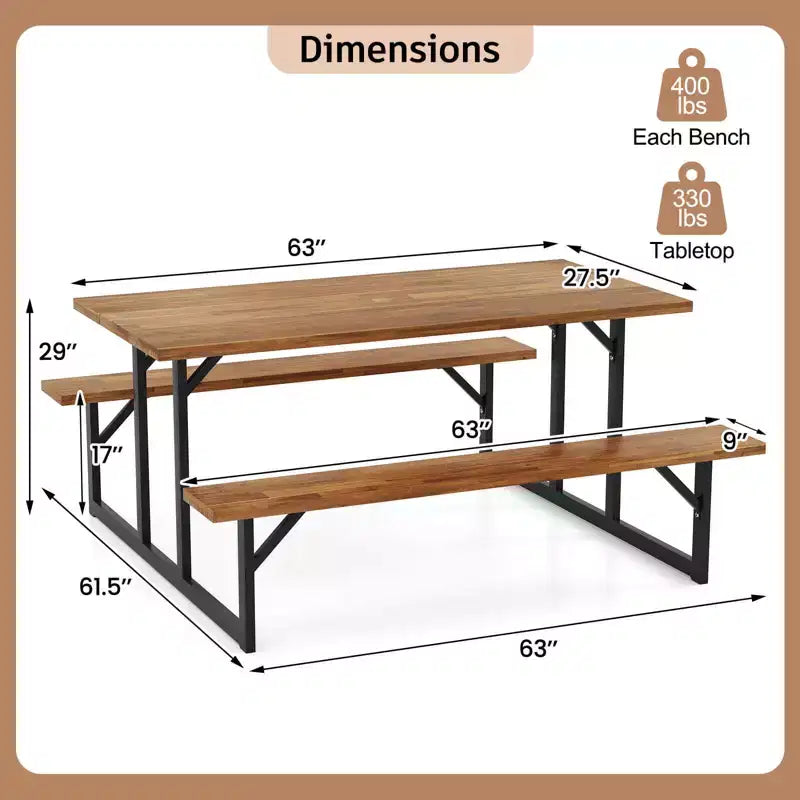 Table de pique-nique Costway 6 places en bois d'acacia avec 2 bancs intégrés, trou pour parasol et structure en métal