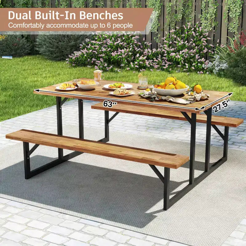 Table de pique-nique Costway 6 places en bois d'acacia avec 2 bancs intégrés, trou pour parasol et structure en métal