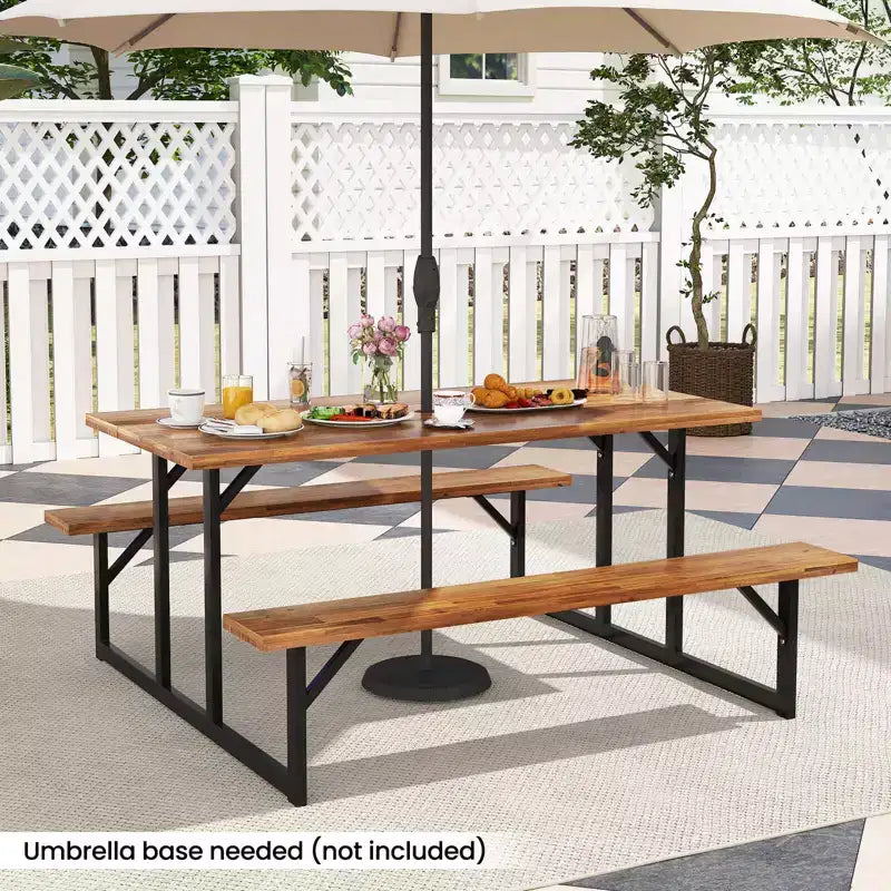 Table de pique-nique Costway 6 places en bois d'acacia avec 2 bancs intégrés, trou pour parasol et structure en métal
