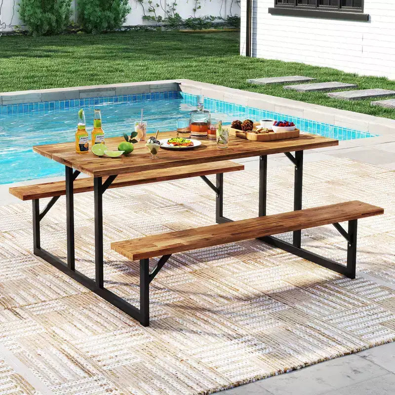 Table de pique-nique Costway 6 places en bois d'acacia avec 2 bancs intégrés, trou pour parasol et structure en métal