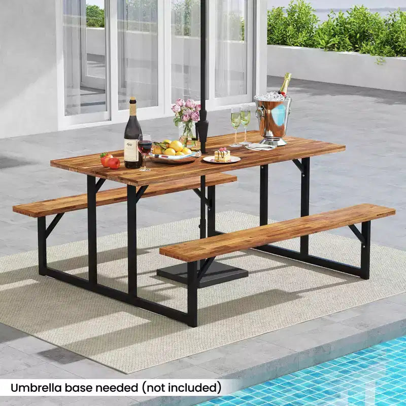 Table de pique-nique Costway 6 places en bois d'acacia avec 2 bancs intégrés, trou pour parasol et structure en métal