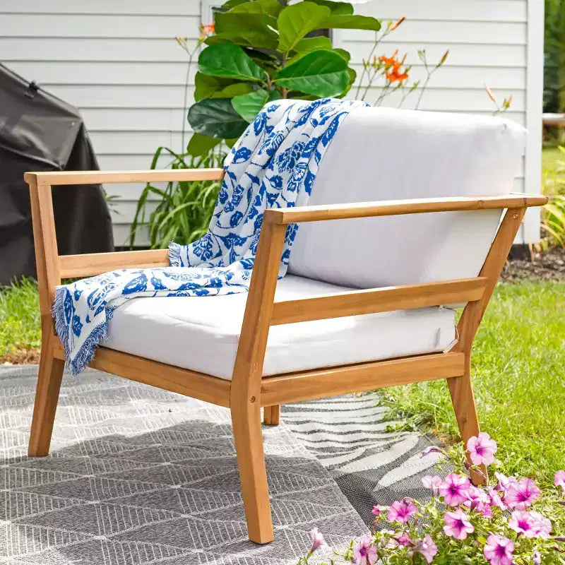 Fauteuil de jardin Sunnydaze Bodie en bois d'acacia avec coussins blanc cassé - Naturel