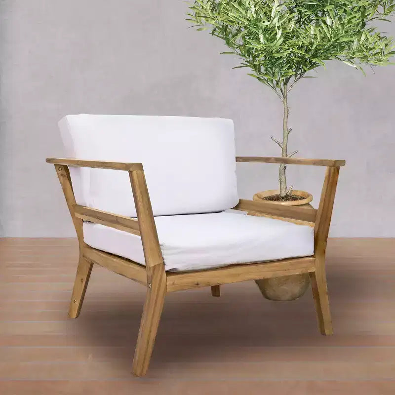Fauteuil de jardin Sunnydaze Bodie en bois d'acacia avec coussins blanc cassé - Naturel