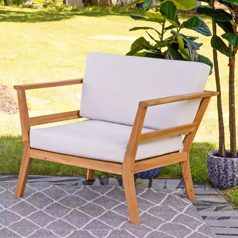 Fauteuil de jardin Sunnydaze Bodie en bois d'acacia avec coussins blanc cassé - Naturel