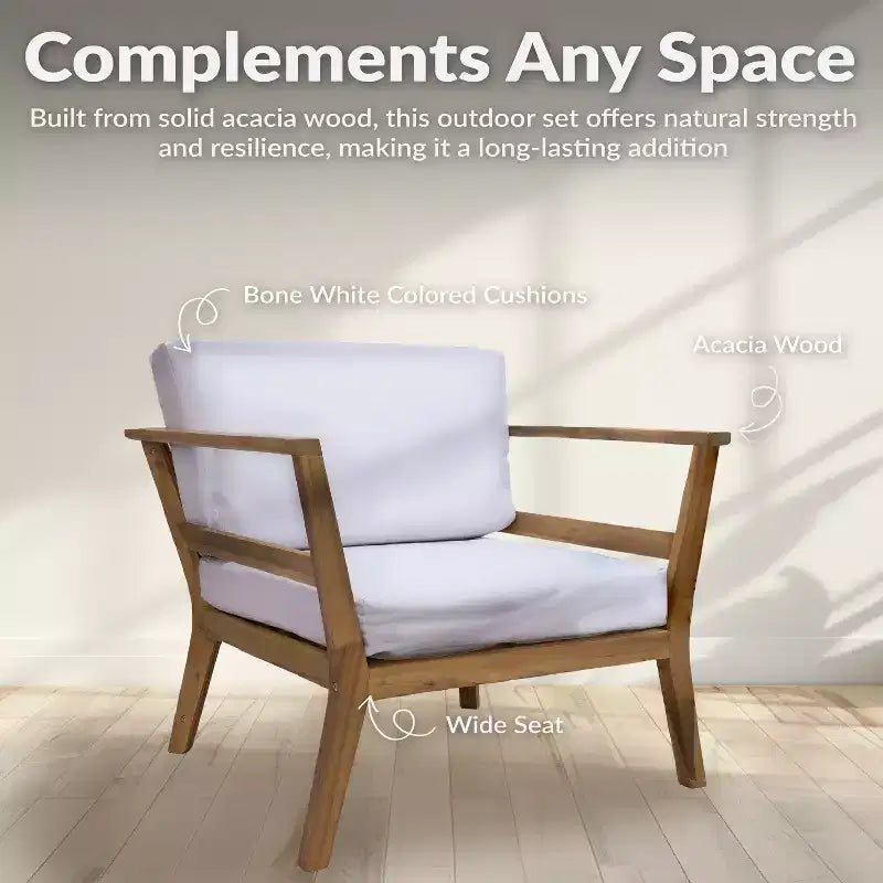 Fauteuil de jardin Sunnydaze Bodie en bois d'acacia avec coussins blanc cassé - Naturel