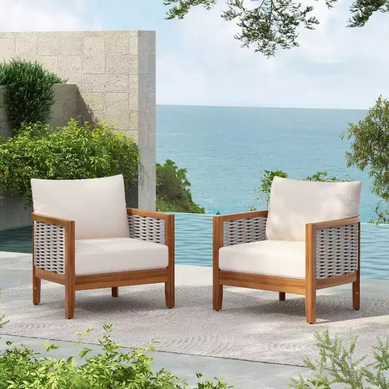 Christopher Knight Home Liliana Modern Patio Acacia Wood Woven Rope Armchair with Thick Cushions