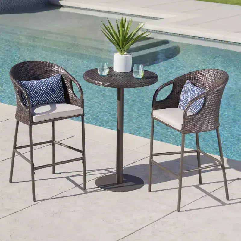 GDFStudio Markey Outdoor Wicker 3 Piece Bistro Bar Set with Cushion