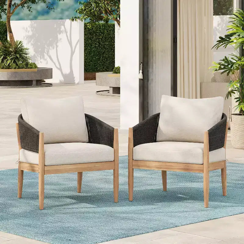 Christopher Knight Home Ryoma Modern Patio Acacia Wood Woven Rope Club Chair with Cushions (Set of 2)