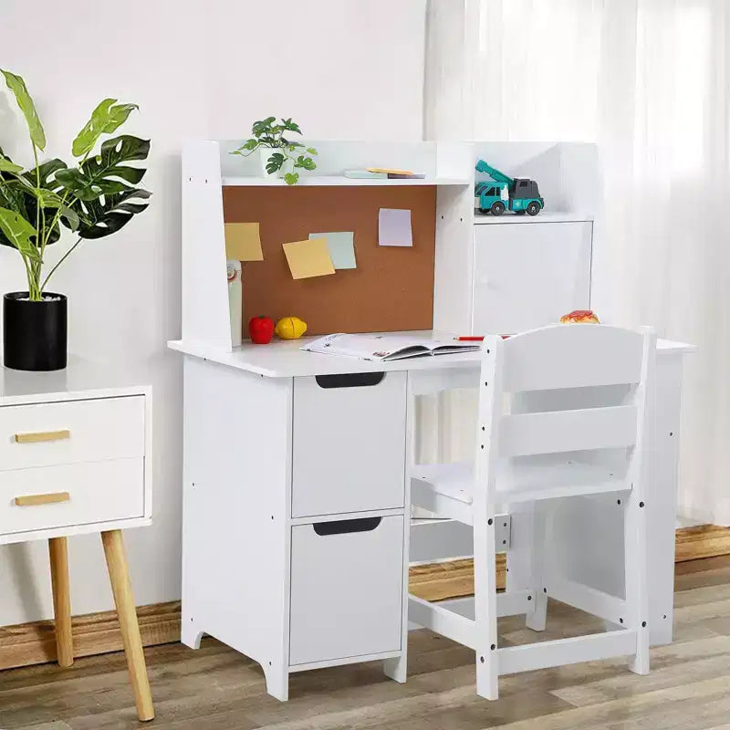 Kids Desk and Chair Set, Wooden Study Table with Storage Shelf, Bulletin Board for Children 3-8