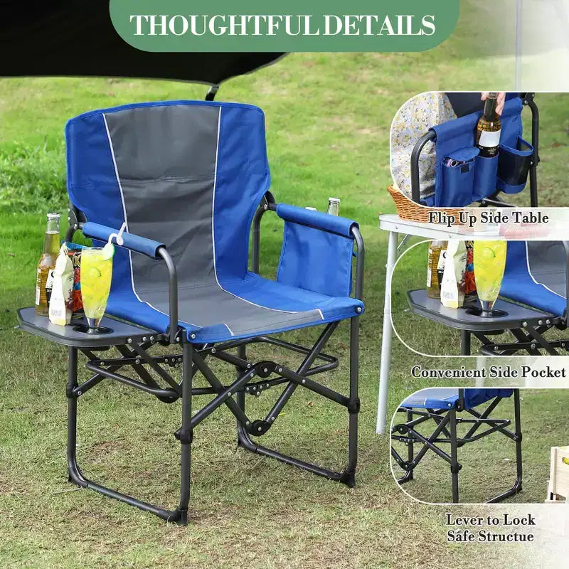 Chaise de réalisateur 1 pièce en aluminium et fer avec poches latérales, dossier pliable, utilisation extérieure, portable, durable