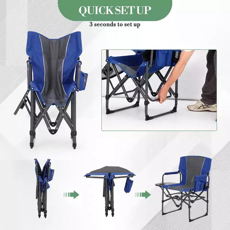 Chaise de réalisateur 1 pièce en aluminium et fer avec poches latérales, dossier pliable, utilisation extérieure, portable, durable