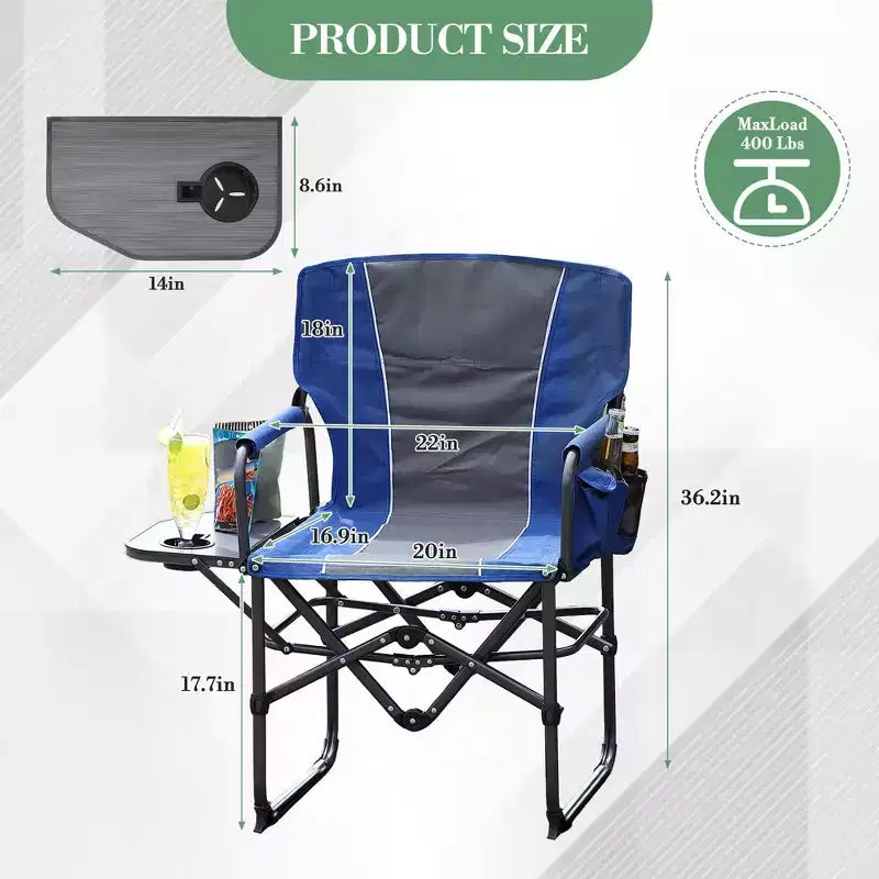 Chaise de réalisateur 1 pièce en aluminium et fer avec poches latérales, dossier pliable, utilisation extérieure, portable, durable
