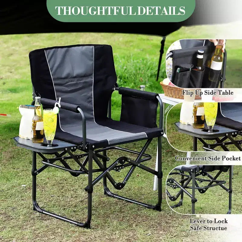 Chaise de réalisateur 1 pièce en aluminium et fer avec poches latérales, dossier pliable, utilisation extérieure, portable, durable