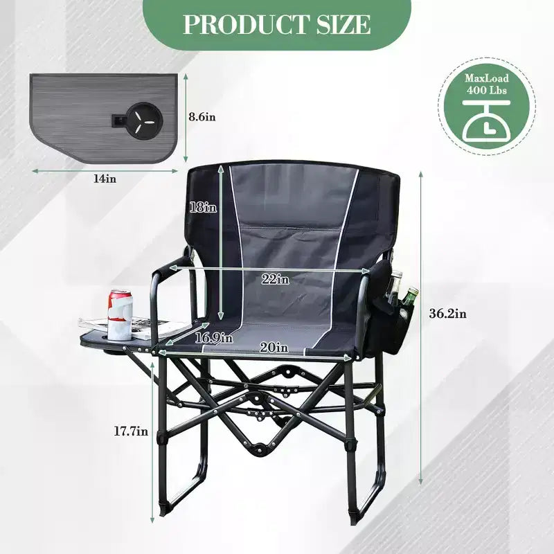 Chaise de réalisateur 1 pièce en aluminium et fer avec poches latérales, dossier pliable, utilisation extérieure, portable, durable