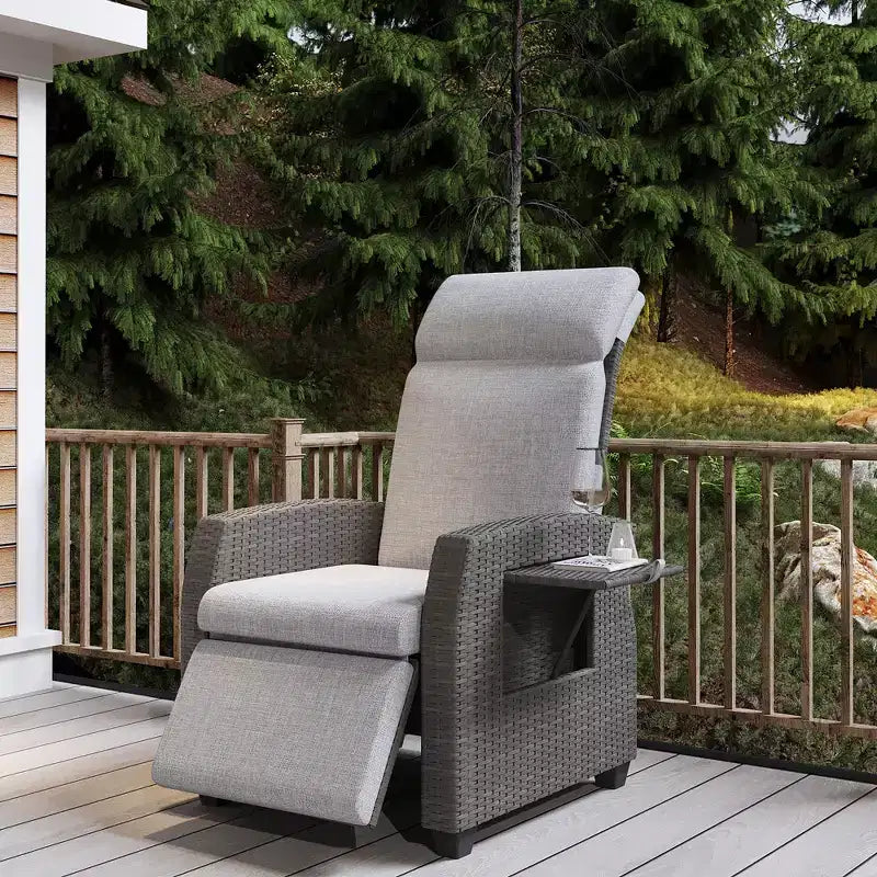 Indoor Outdoor Wicker Recliner Chair with Flip-Up Table Air Pump 155 Lay Flat, Adjustable Wicker Lounge Recliner Chair with Backrest and Footrest