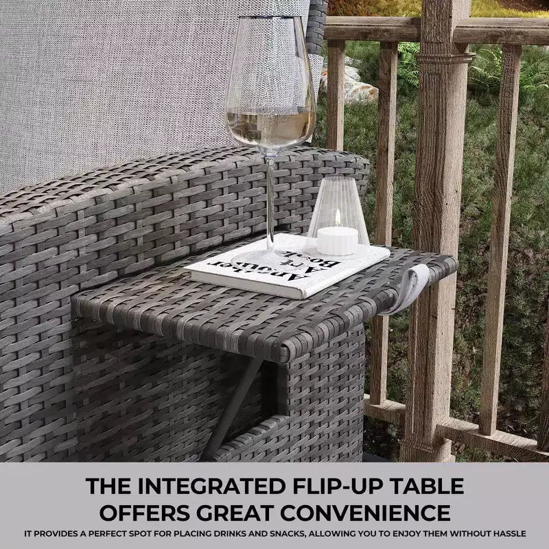 Fauteuil inclinable en osier intérieur/extérieur avec table rabattable, pompe à air, 155° à plat, chaise longue inclinable en osier réglable avec dossier et repose-pieds
