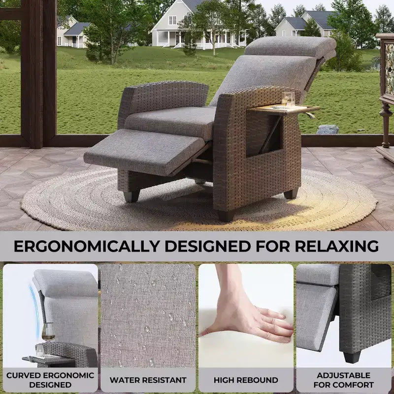 Fauteuil inclinable en osier intérieur/extérieur avec table rabattable, pompe à air, 155° à plat, chaise longue inclinable en osier réglable avec dossier et repose-pieds